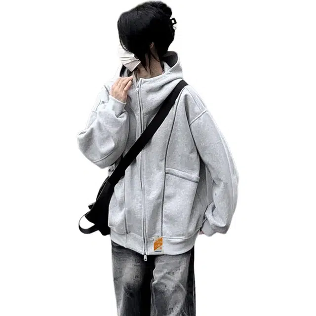 北欧攻略 秋冬重磅高品质加绒加厚温暖舒适美式高街结构辑明线连帽拉链开衫青少年外套情侣学生长袖卫衣 男女同款