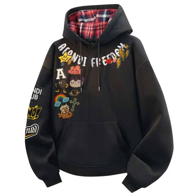 阿凡迪 简约撞色多彩格子拼接设计美式复古高街趣味卡通徽章环形字母印花休闲嘻哈套头帽衫百搭宽松时尚潮流通勤落肩长袖卫衣 男女同款