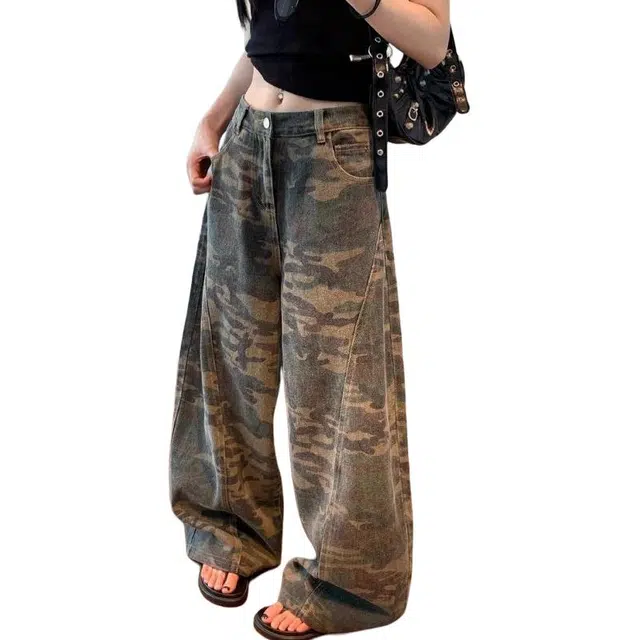 么宁 美式复古弯刀迷彩高腰宽松阔腿显瘦直筒工装拖地裤子牛仔裤 女款