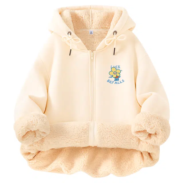 棉致 清新小花涂鸦潮流百搭学院风仿羊羔绒外套秋冬季加绒开衫加厚棉上衣卫衣 男女同款