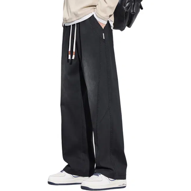 协协乐 高街机能风美式复古做旧氛围感秋冬季潮牌宽松直筒垂坠感阔腿拖地裤青少年弹力抽绳百搭休闲运动长裤工装裤 男款