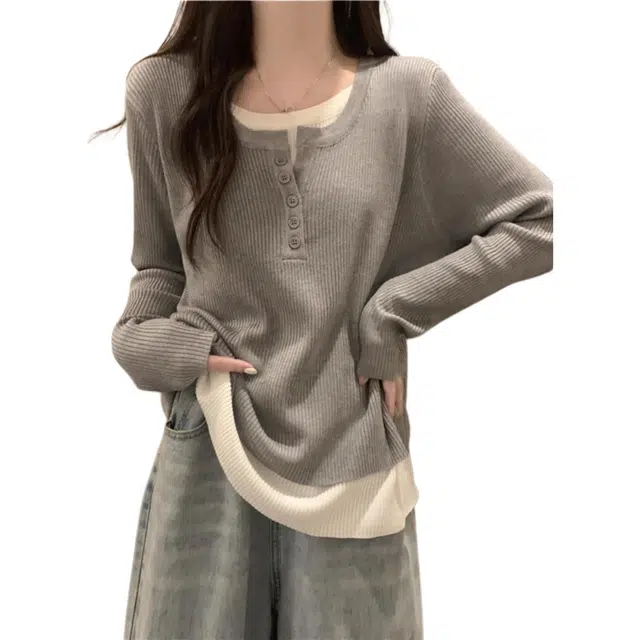 小卷要加油 软糯遮肚子假两件上衣女秋冬宽松显瘦长袖打底衫针织衫 女款