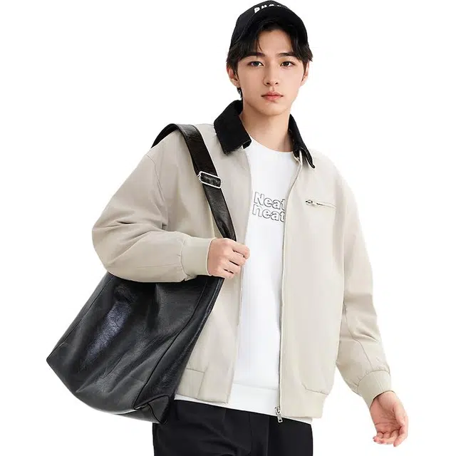 三福 巴恩风翻领工装纯色常规长袖翻领宽松夹克外套 男款