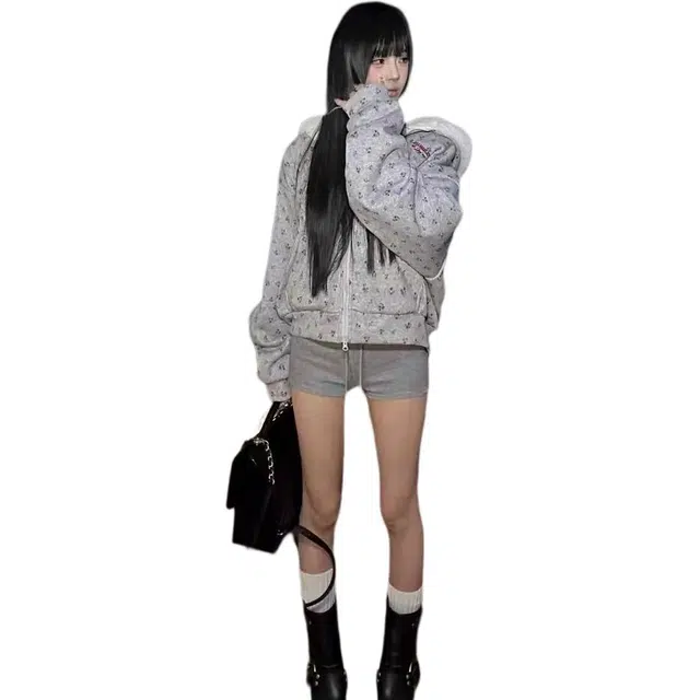 邓大喵 美式复古冬季满印碎花连帽加绒女宽松休闲保暖帽衫外套秋冬穿搭卫衣 女款