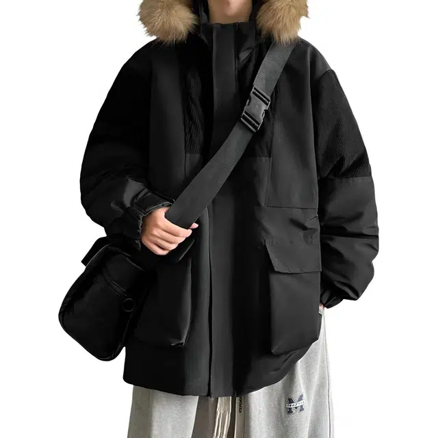 顶峰保罗 美式拼接休闲工装连帽面包服复古潮牌无性别主义直筒派克服宽松百搭加厚大码保暖时尚长袖棉服 男女同款