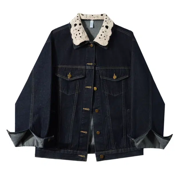 小卷要加油 复古蕾丝拼接女秋季甜酷风宽松休闲夹克开衫上衣牛仔外套 女款