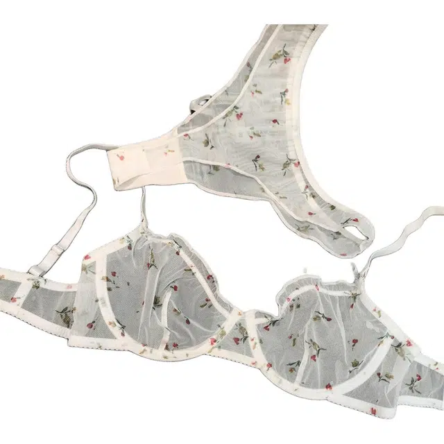 皇室品轩 法式蕾丝小碎花甜美少女系性感超薄大胸显小聚拢文胸内衣裤套装 女款