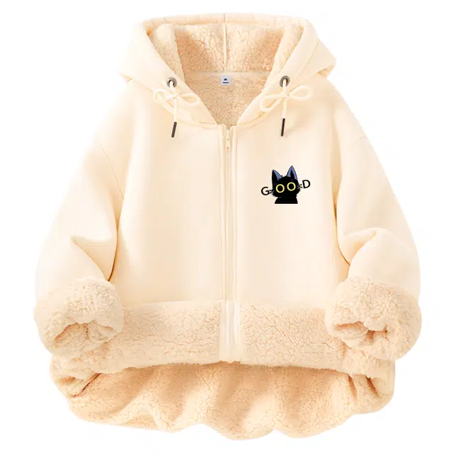 棉致 字母小猫涂鸦潮流百搭学院风仿羊羔绒外套秋冬季加绒开衫加厚棉上衣卫衣 男女同款