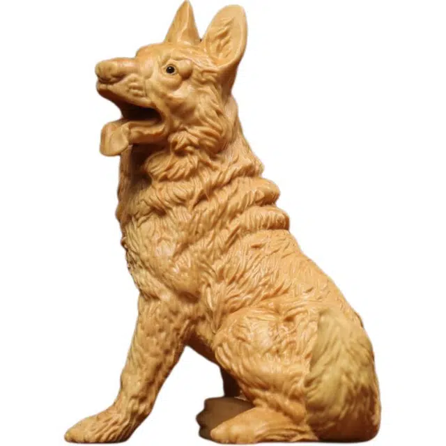 得笙陌 木雕小狼狗新中式实木雕刻招财狗 黄杨木 摆件 男女同款情侣款