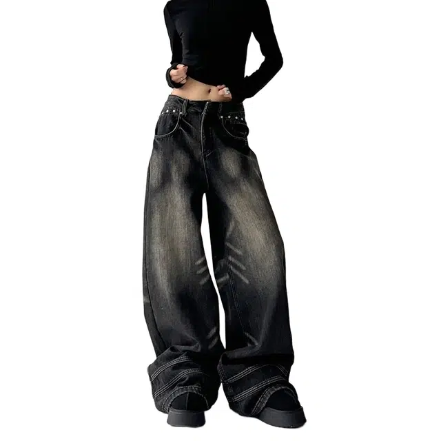 大格子与黑猫 美式复古做旧大码秋冬宽松显瘦垂感阔腿拖地裤子牛仔裤 男女同款