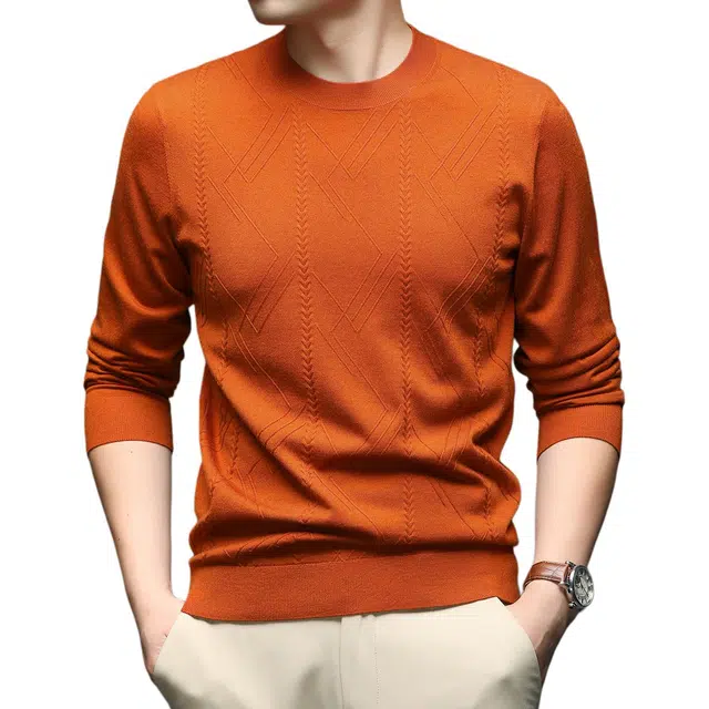 卡丹狄诺 含山羊绒桑蚕丝男士秋冬圆领毛衣男保暖舒适轻奢品质百搭提花工艺打底衫男针织衫 男款