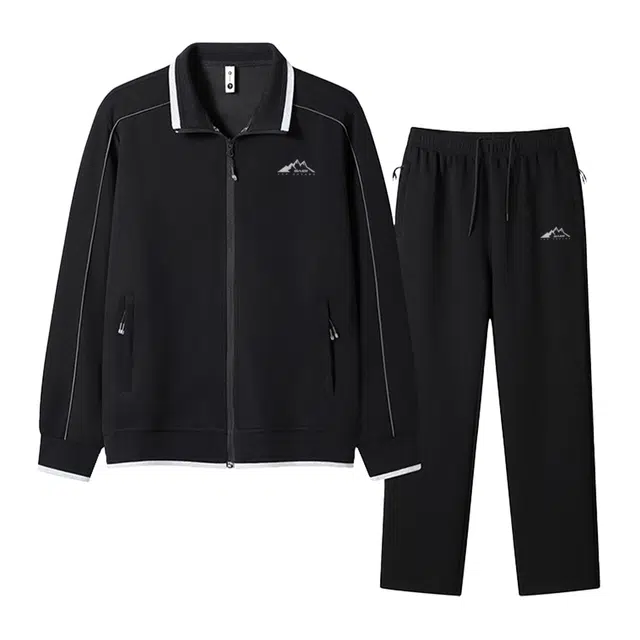 赛琪 美式复古条纹立领拉链开衫百搭卫衣宽松插肩袖针织夹克上衣跑步健身直筒长裤休闲运动套装 男女同款