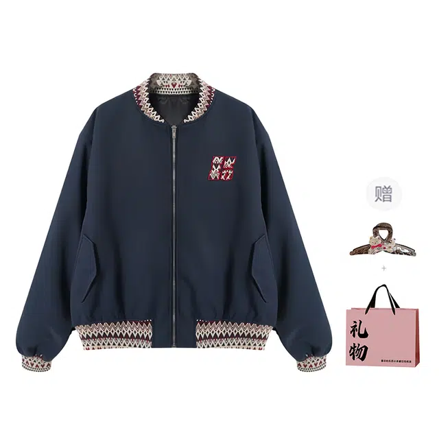 柏黛妃 拼接飞行员中国风宽松百搭设计感加棉加厚民族风提花棉服 女款