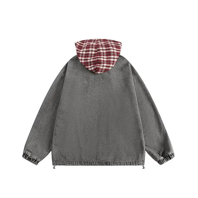 艾梵斯贝 美式复古潮流假两件拼接做旧水洗刺绣重工小众设计款无性别高级感日常通勤百搭宽松休闲时尚连帽开衫卫衣 男女同款