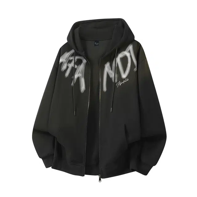 阿凡迪 美式高街复古潮流创意设计感涂鸦字母印花痞帅学院风日常宽松休闲百搭通勤户外舒适亲肤垂感开衫卫衣 男女同款