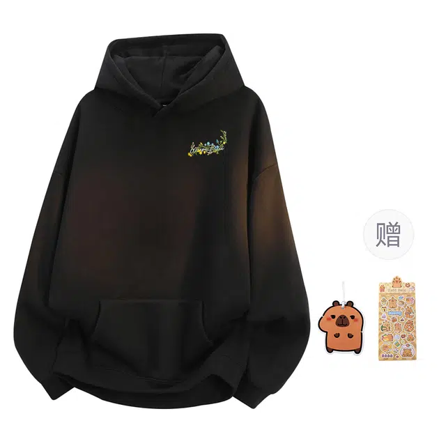 卡皮巴拉小黄豚 美式重磅繁花枝叶环绕艺术仿刺绣签名重工宽松舒适小众高级新中式慵懒无性别氛围感复古高街百搭休闲基础款连帽套头卫衣 男女同款