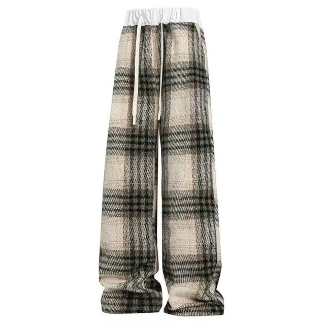 颂希尔 潮牌小众设计感腰部撞色大码毛呢直筒格子阔腿重磅休闲裤 男女同款