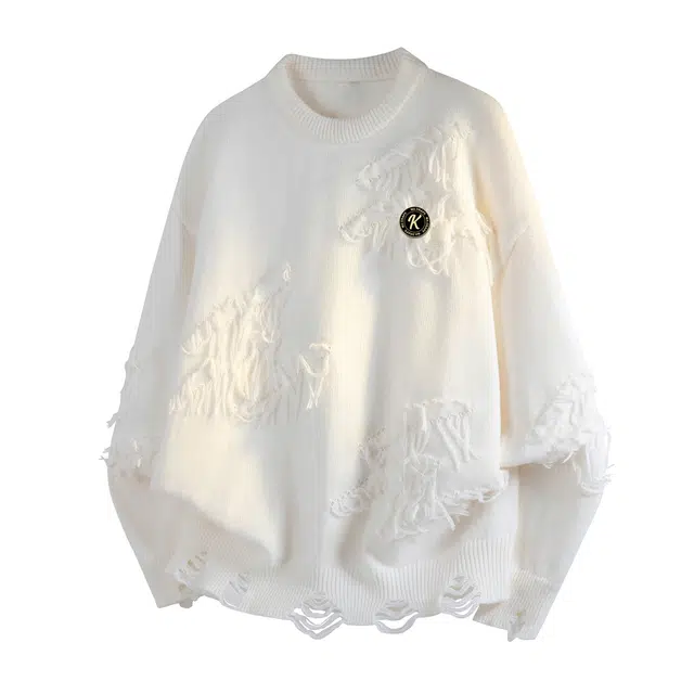 空白町 通勤简约休闲潮流苏设计时尚慵懒感纯色字母圆领老钱风套头感落肩袖舒适基础款百搭宽松针织衫  男女同款