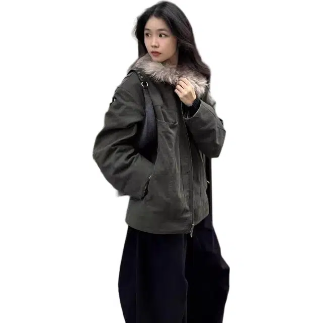 邓大喵 美式复古军毛领短外套女秋季宽松设计感工装上衣夹克 女款