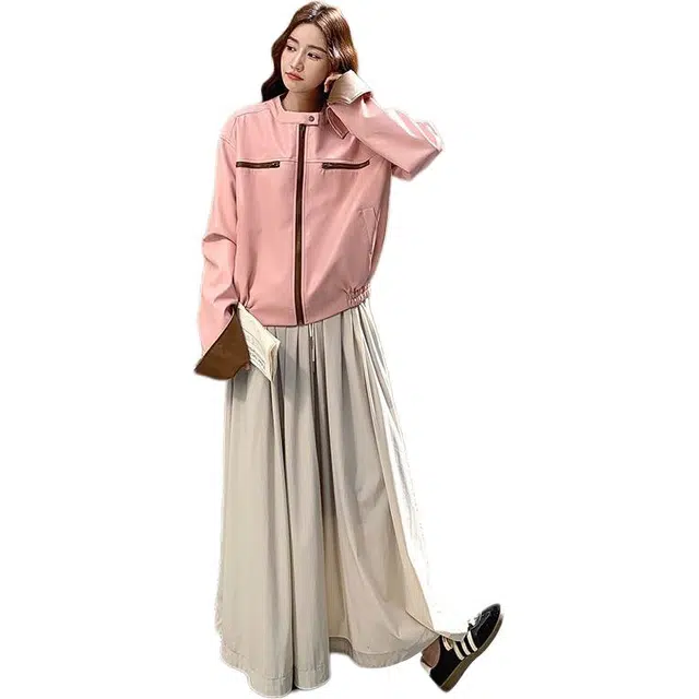 沐晓欣 韩系设计感小众粉色皮衣短款外套女酷飒休闲时尚上衣夹克 女款