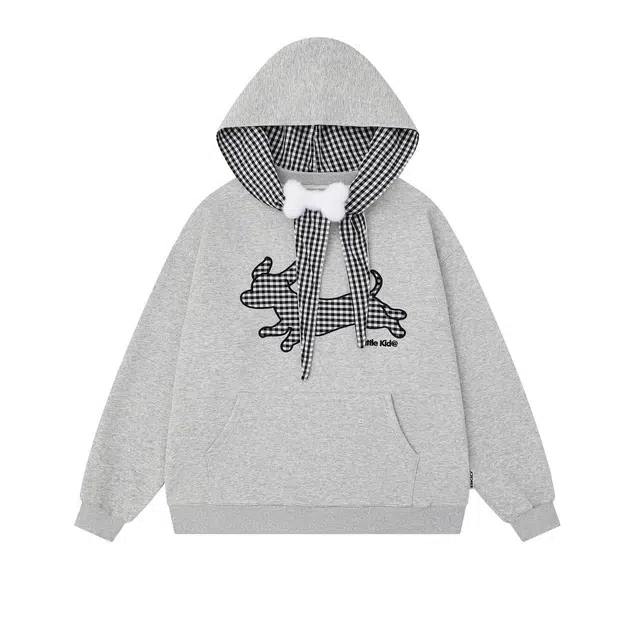 桴生 拼接格子前后小狗刺绣秋冬季慵懒风 卫衣 女款