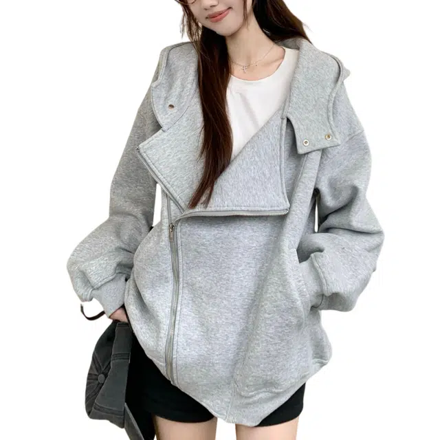 荟萃阁 美式不规则连帽长袖宽松中长款设计感拉链外套卫衣 女款