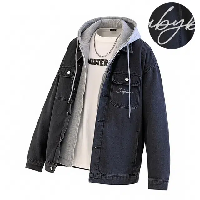 卡皮巴拉小黄豚 美式复古假两件连帽高街水洗做旧纯色基础宽松舒适时尚百搭街头潮流通勤秋季垂感直筒重磅开衫落肩牛仔外套 男女同款