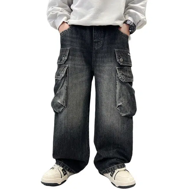 黑恐龙牛仔裤 男童秋季工装大口袋直筒韩系长裤