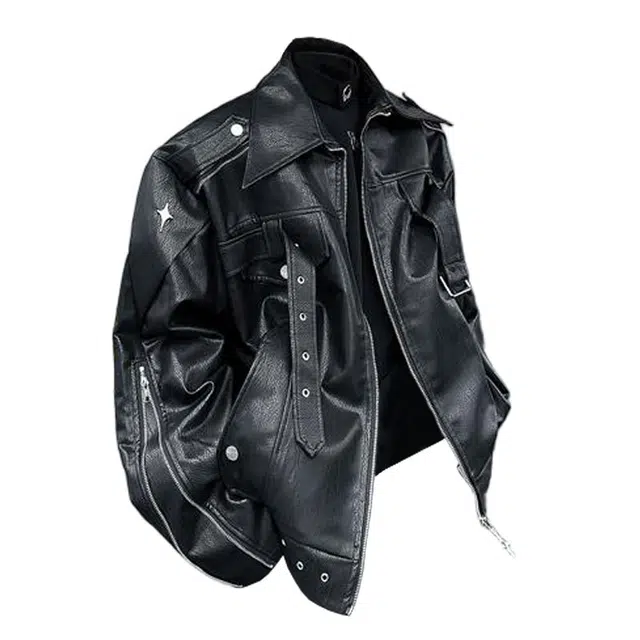 木林森 美式高街复古机车服夹克结构设计感潮牌小众高级感短款皮衣 男女同款
