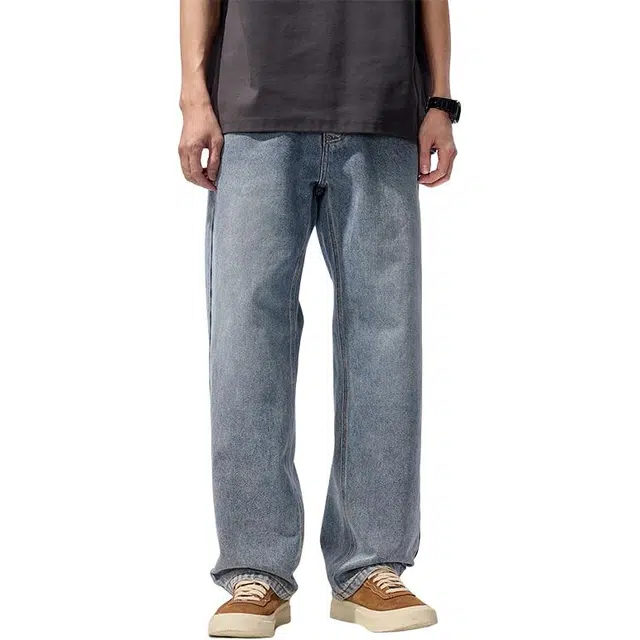 帝狼牛 美式复古水洗做旧高街显瘦潮流废土基础款百搭宽松直筒休闲牛仔裤 男女同款