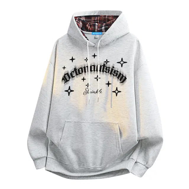 海底小纵队 春秋必备美式高街系列闪耀四芒星重影字母印花百搭单品时尚撞色拼接格子纹连帽上衣学院风潮牌套头口袋重磅卫衣 男女同款