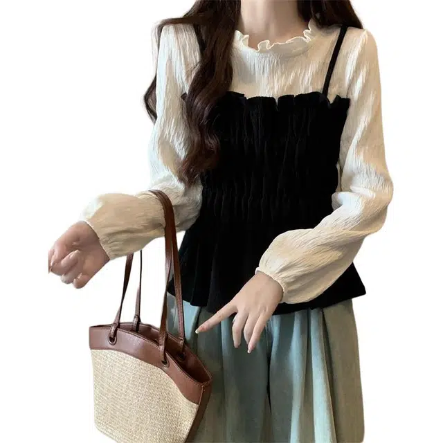 小卷要加油 大码法式灯芯绒拼接假两件女春秋褶皱显瘦荷叶边长袖上衣衬衫 女款