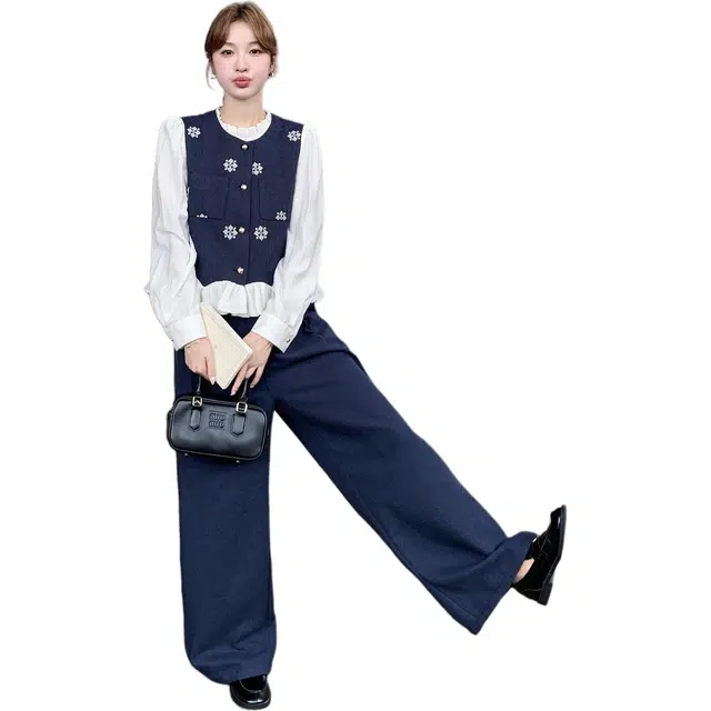 稻草人 法式小香风刺绣马甲高级感打底衫阔腿裤三件套休闲套装 女款