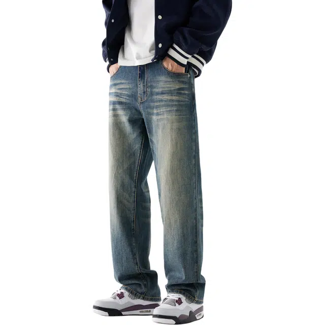 帝狼牛 美式简约款小众设计百搭时尚做旧宽松直筒显高显瘦休闲通勤阔腿长裤牛仔裤 男女同款