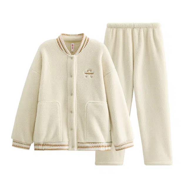 芬腾 情侣秋冬加绒加厚珊瑚绒开衫大码家居服 睡衣套装 女款