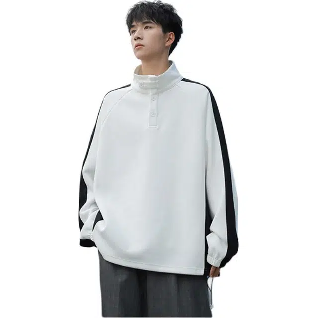 拓菲 潮牌亨利领撞色上衣男秋季美式复古宽松立领高街百搭外套卫衣 男女同款