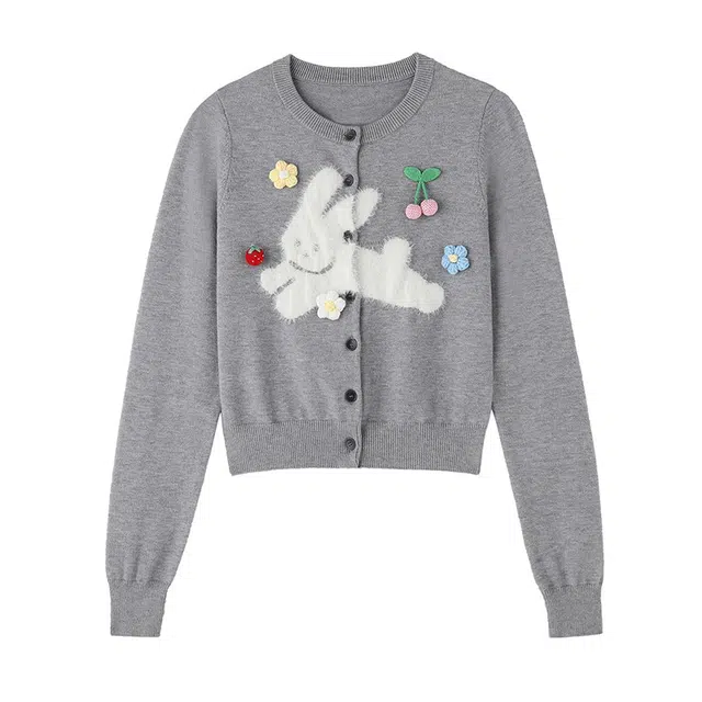 红蜻蜓 圆领植绒图案立体钩花开衫外套短款毛衫上衣针织衫 女款