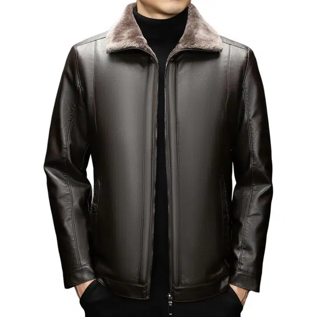 卡丹狄诺 皮毛一体男士加绒加厚秋冬翻领保暖防风中年爸爸装户外休闲轻商务外套男皮夹克大衣男皮衣 男款