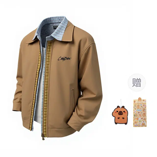 卡皮巴拉小黄豚 美式潮牌百搭格纹拼接撞色双层领假两件设计感无性别主义春秋季宽松休闲舒适高街痞帅工装夹克外套 男女同款