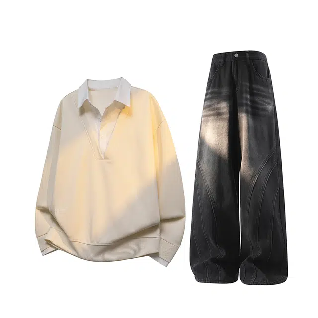 梓润格 美式复古户外运动时尚长袖阔腿直筒假两件翻领老钱风大码港风宽松高级设计简约百搭潮流个性舒适青春无性别主义卫衣套装 男女同款