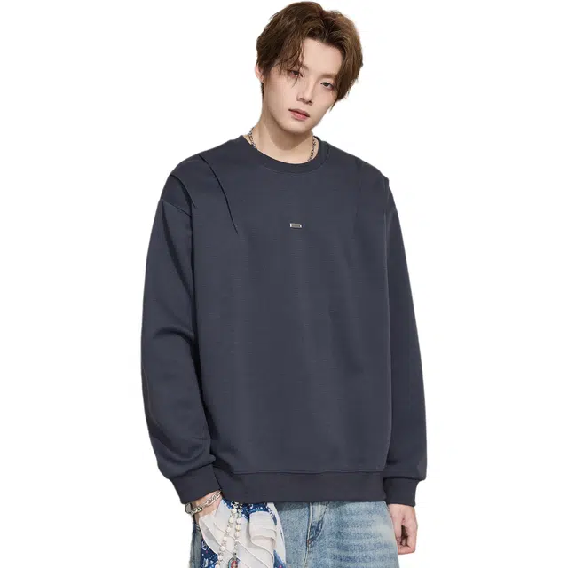 隐狼世家 褶皱落肩长袖秋季潮牌重磅上衣情侣宽松大码圆领外套卫衣 男款