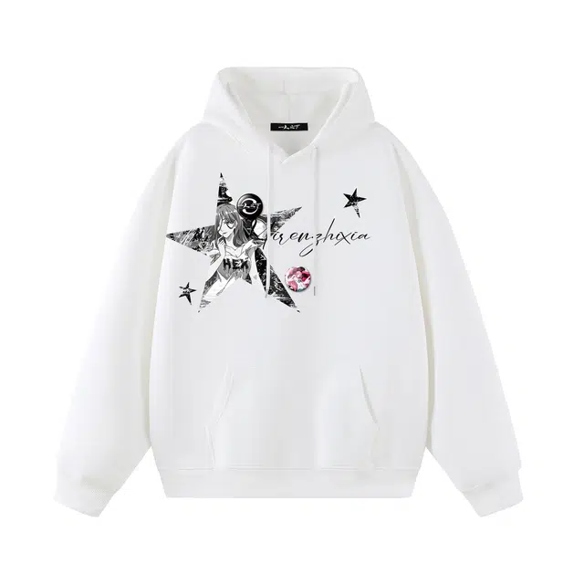 一人之下 美式高街五角星夏禾印花吧唧休闲宽松落肩舒适简约基础百搭设计感个性精选运动日常通勤潮流复古时尚气质长袖连帽卫衣 男女同款