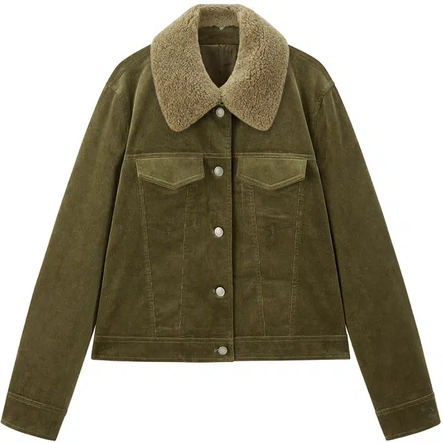 太平鸟 拆卸毛领短款合体灯芯绒时尚复古保暖休闲截短外套 女款