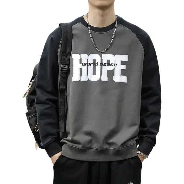 前进牛 秋季美式经典复古潮流潮牌插肩圆领极简风男宽松卫衣 男款