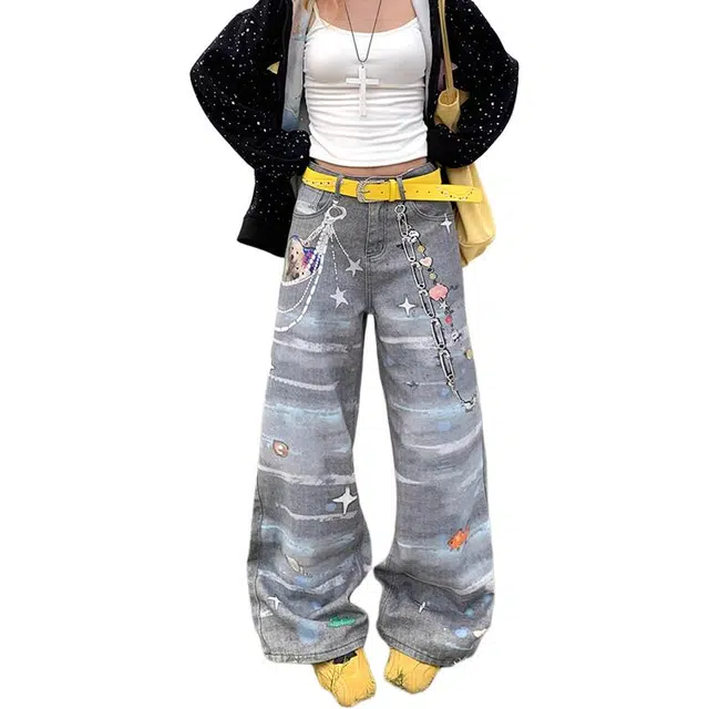如续 美式复古卡通印花小众设计直筒长裤小个子显瘦垂感休闲阔腿牛仔裤 女款