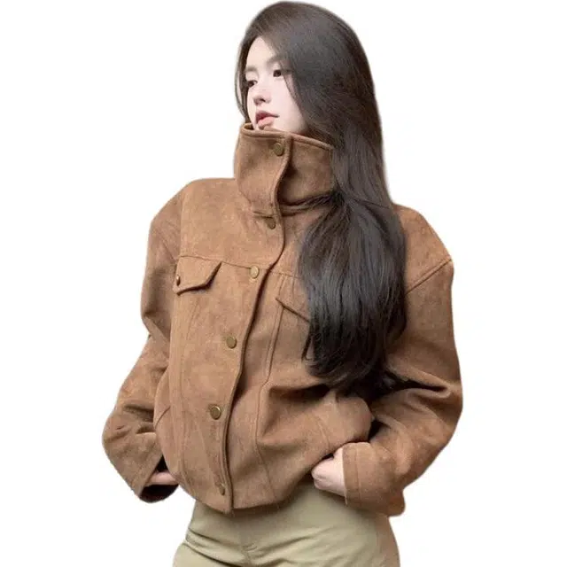 小卷要加油 复古美式美拉德长袖麂皮外套宽松通勤秋季上衣休闲百搭夹克 女款