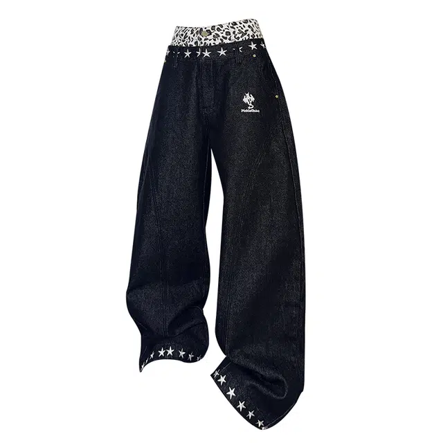 梁拌泡菜 国潮原创暗星漫游者系列拼接豹纹设计水洗弯刀阔腿裤春秋宽松休闲百搭长裤牛仔裤 男女同款