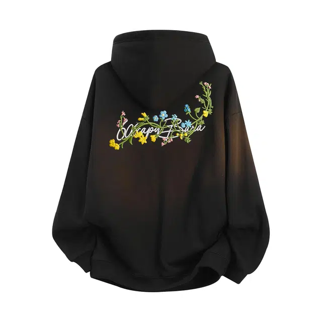 卡皮巴拉小黄豚 美式重磅繁花枝叶环绕艺术仿刺绣签名重工宽松舒适小众高级新中式慵懒无性别氛围感复古高街百搭休闲基础款连帽套头卫衣 男女同款