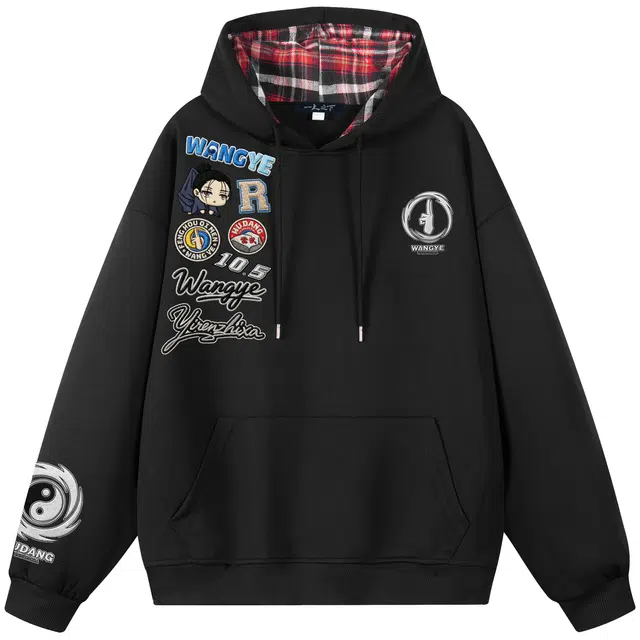 一人之下 美式复古动漫仿刺绣王也签名花体字母潮流宽松落肩长袖时尚日常通勤简约经典撞色格纹帽衫百搭休闲连帽套头卫衣 男女同款