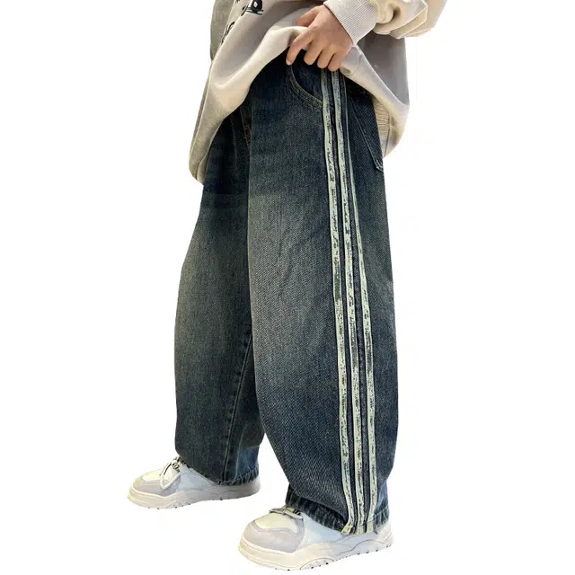 黑恐龙牛仔裤 春装长裤中大童条纹宽松运动 青少年